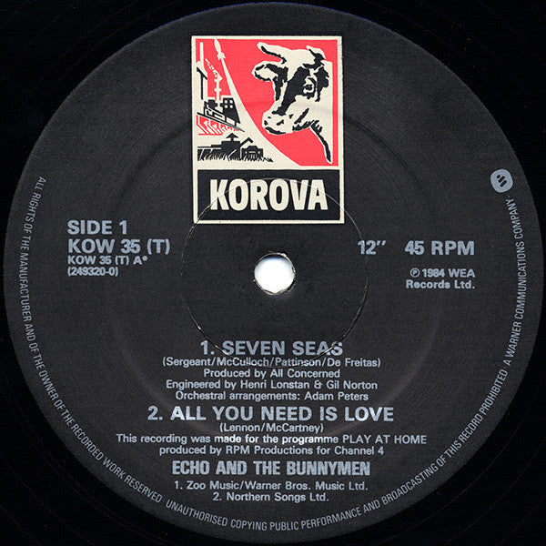 Image of Label Cover of 12" - VG/VG+ - ECHO & THE BUNNYMEN, Seven Seas "Life At Brian's - Lean And Hungry" (Korova; KOW 35 (T), UK 1984), ,  - 3726070E