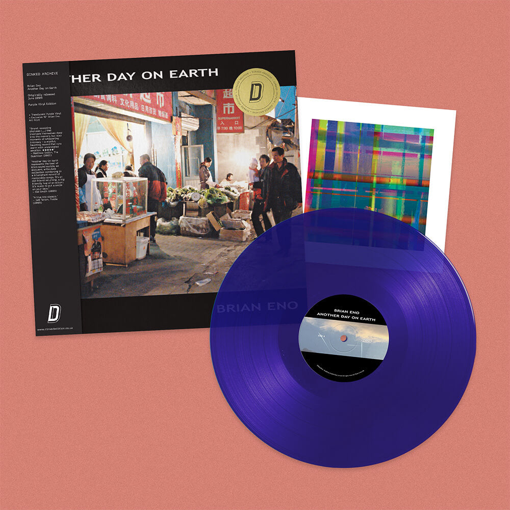 Image of Front Cover of LP - NEW/NEW - BRIAN ENO, Another Day On Earth - Dinked Edition (Opal Records; OPALLP010D, UK 2026 Reissue, Dinked Archive Edition No. 36, Limited Edition Pressing of 600, Translucent Purple Vinyl, Brian Eno Art Print, Dinked Archive Obi-Strip & Gold Foil Sticker.  ), , Opal Records, the label founded by Brian Eno in 1988 as an extension of his artistic world is returning after more than three decades. Launching with the reissue of acclaimed and much loved Eno album, Another Day On E
