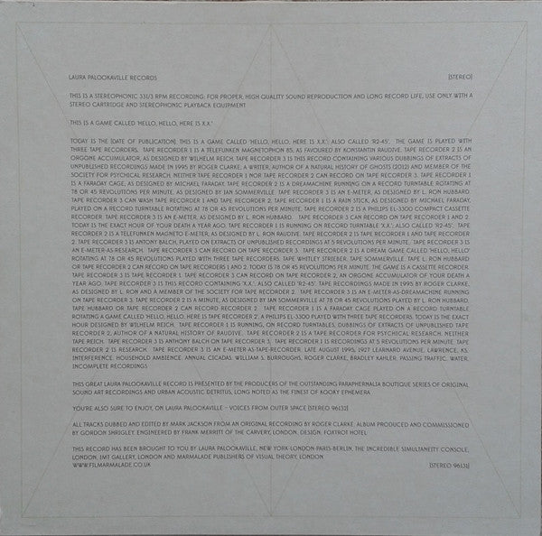 Image of Back Cover of LP - VG+/VG+ - MARK JACKSON, ROGER CLARKE, WILLIAM S. BURROUGHS, This Is A Game Called  Hello, Hello, Here Is X.X.  (Laura Palookaville Records; 96131, UK 2014, Limited Edition), ,  - 3746117S