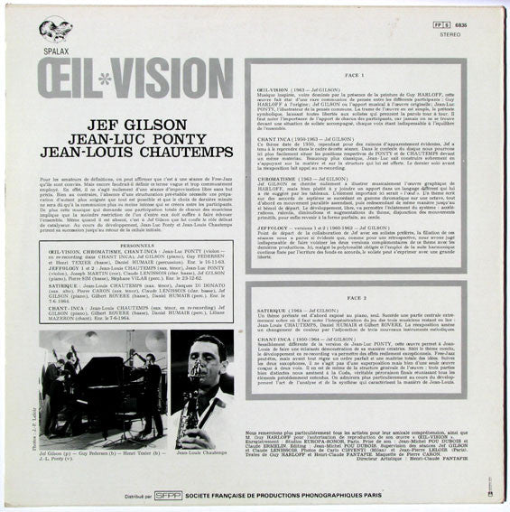 Image of Back Cover of LP - VG/VG+ - JEF GILSON, JEAN-LUC PONTY, JEAN-LOUIS CHAUTEMPS,  il Vision (Spalax; 6836, France 1981 Reissue), Edge and Ring Wear,  - 3746140S