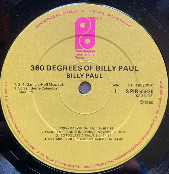 Image of Label Cover of LP - VG/G+ - BILLY PAUL, 360 Degrees Of Billy Paul (Philadelphia International Records; PIR 65930, UK Reissue), Tape residue to sleeve. Light marks to disc.,  - 3716020C