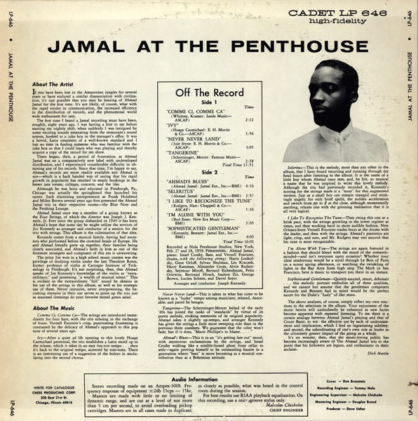 Image of Back Cover of LP - VG/VG - AHMAD JAMAL, Jamal At The Penthouse (Cadet; CA 646, US Reissue), Tape damage to sleeve opening. Superficial storage marks to disc.,  - 3716075C