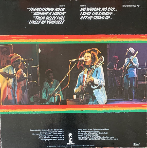 Image of Back Cover of LP - VG/VG - BOB MARLEY AND THE WAILERS, Live! (Island Records; 89 729 XOT, Benelux 1979), Marks and scuffs, plays solid VG, lots of shine. Shrinked sleeve.,  - 3716086C