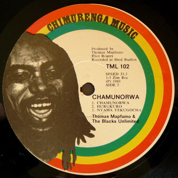 Image of Back Cover of LP - /VG - THOMAS MAPFUMO & THE BLACKS UNLIMITED, Chamunorwa (Chimurenga Music; TML 102, Zimbabwe 1989, No Sleeve), , A1		HwahwaA2		MurambadoroA3		Chitima NditakureB1		ChamunorwaB2		HurukuroB3		Nyama Yekugocha - 3716078C