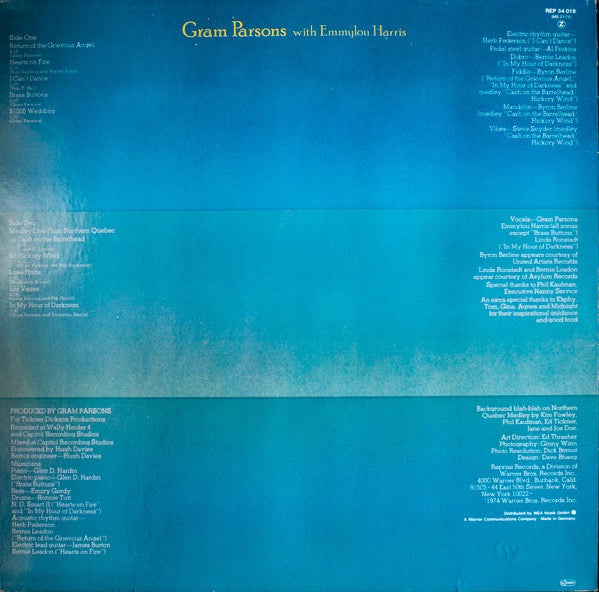 Image of Back Cover of LP - VG/VG+ - GRAM PARSONS WITH EMMYLOU HARRIS, Grievous Angel (Reprise Records Tan Labels With GEMA/Biem Box; REP 54 018, Germany 1970s Reissue, Z Price Code), Strong VG Sleeve,  - 3716092C