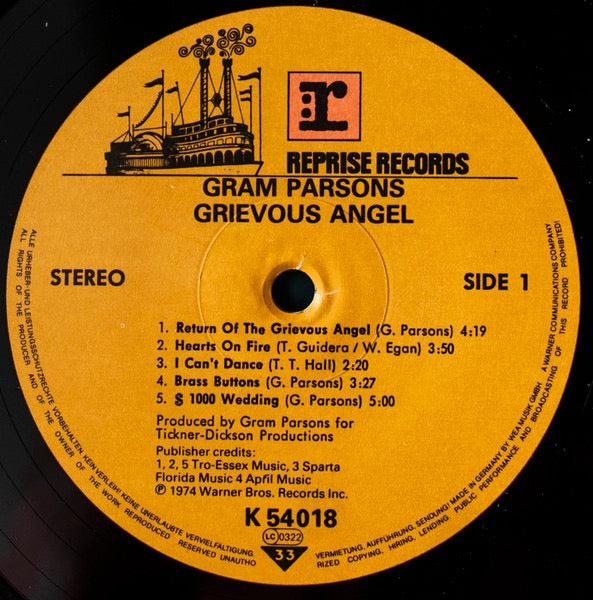Image of Label Cover of LP - VG/VG+ - GRAM PARSONS WITH EMMYLOU HARRIS, Grievous Angel (Reprise Records Tan Labels With GEMA/Biem Box; REP 54 018, Germany 1970s Reissue, Z Price Code), Strong VG Sleeve,  - 3716092C