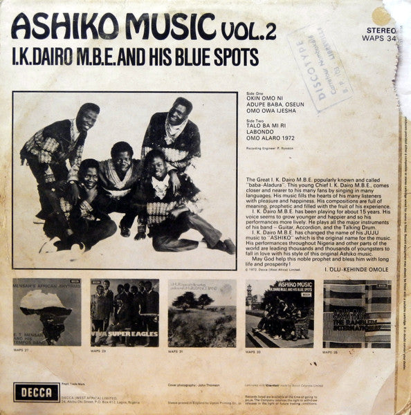 Image of Back Cover of LP - VG/VG - I.K. DAIRO M.B.E. AND HIS BLUE SPOTS, Ashiko Music Vol.2 (Decca; WAPS 34, Nigeria 1972), Vinyl has surface marks only, plays VG/VG+.,  - 3746201S