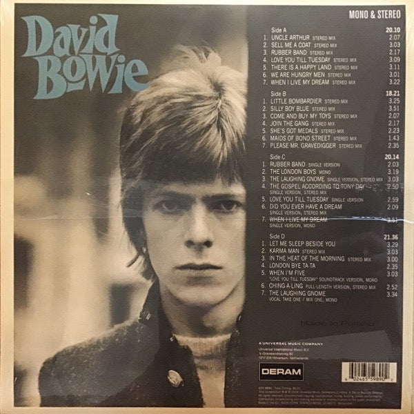 Image of Back Cover of 2xLP - NEW/NEW - DAVID BOWIE, David Bowie (Deram; 655 4734, Worldwide 2024, Gatefold, Insert, Limited Edition, Deluxe Edition, Stereo, Mono, Cream & Green Swirl Vinyl), , David Bowie s groundbreaking debut album is set for a vibrant revival reissued on coloured vinyl, boasting exclusive tracklists to tantalize fans old and new. This reissue promises to reignite Bowie s early legacy and introduce his visionary artistry to a new generation of listeners. - 3636087E