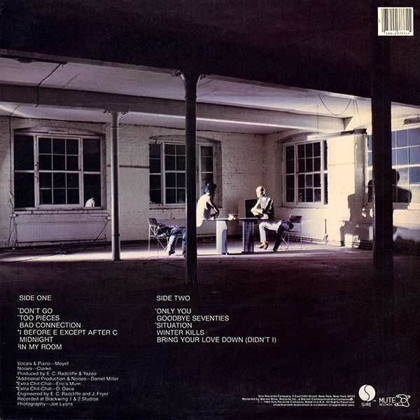 Image of Back Cover of LP - VG/VG - YAZOO, Upstairs At Eric's (Sire; 1-23737, US 1982, Inner), Sleeve has edgewear, ringwear, creases. Inner sleeve a bit crumpled. Light hairlines.,  - 3626319E