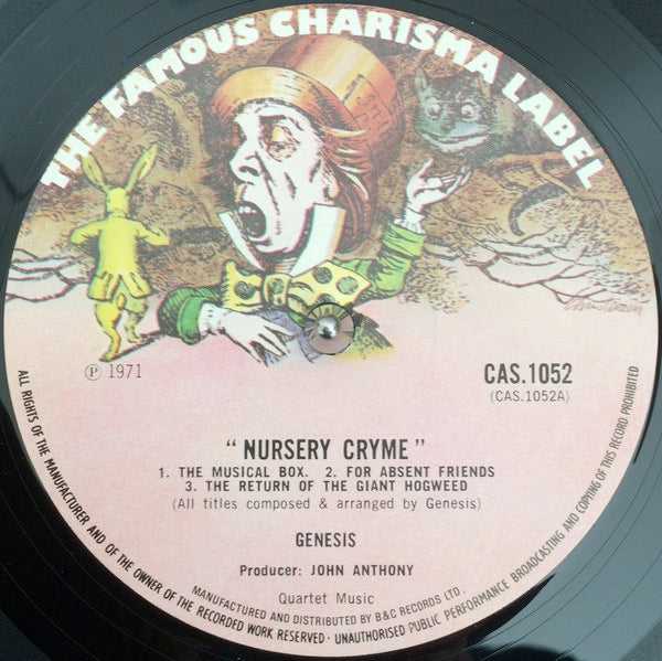 Image of Label Cover of LP - VG/G - GENESIS, Nursery Cryme (Charisma Hatter B & C Marketing; CAS1052, UK 1972 Reissue, Textured Gatefold Sleeve - E J Day, No "HILTOP" In Run Out), Light marks and hairlines, Sleeve has corner wear,  - 3716097C