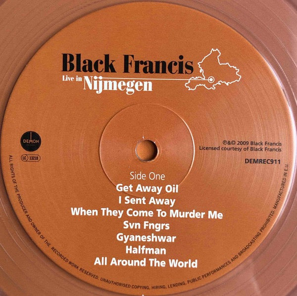 Image of Label Cover of LP - NEW/NEW - BLACK FRANCIS, Live In Nijmegen (Demon Records; DEMREC911, UK & Europe 2021, Inner, 140g Clear Vinyl, Pixies), , Captured in 2008 on the Bluefinger / Svn Fngrs tour,  Live in Nijmegen  features Black Francis backed by Jason Carter and Dan Schmid on ferocious performances of tracks such as  Threshold Apprehension ,  You Can t Break A Heart And Have It  and  Get Away Oil . Now available on vinyl for the very first time, this reissue features the complete live album press