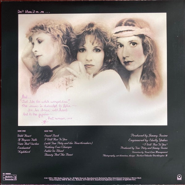 Image of Back Cover of LP - NEW/NEW - STEVIE NICKS, The Wild Heart (Modern Records; 081227943639, UK & Europe 2016 Reissue, Inner, Remastered, Stereo, 180g Vinyl, Fleetwood Mac), , Stevie Nicks returned in 1983 with her follow-up solo album, THE WILD HEART. The album produced hits like  Stand Back,   Nightbird  and  I Will Run To You,  which features Tom Petty and the Heartbreakers. THE WILD HEART: DELUXE EDITION builds on the original album with unreleased versions of  All The Beautiful Worlds  a session v