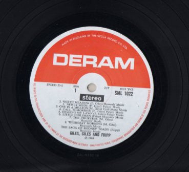Image of Label Cover of LP - VG/VG+ - GILES, GILES AND FRIPP, The Cheerful Insanity Of Giles, Giles And Fripp (Deram; SML 1022, UK 1968, Laminated Front Sleeve, Stereo), Record is glossy. Sleeve has ringwear,  - 3726111E