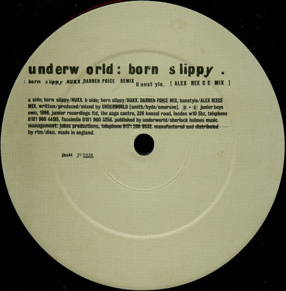 Image of Back Cover of 12" - /VG - UNDERWORLD, Born Slippy (Junior Boy's Own; jbo44, UK 1996, Plain Sleeve, Missing picture sleeve.), Light marks only. Missing picture sleeve.,  - 3726100E