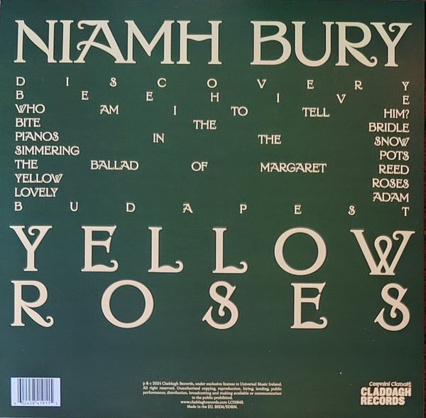 Image of Back Cover of LP - EX/EX - NIAMH BURY, Yellow Roses (Claddagh Records; 5841912, Ireland 2024, Inner & Insert, Yellow Vinyl), Opened Instore,  - 3716106C