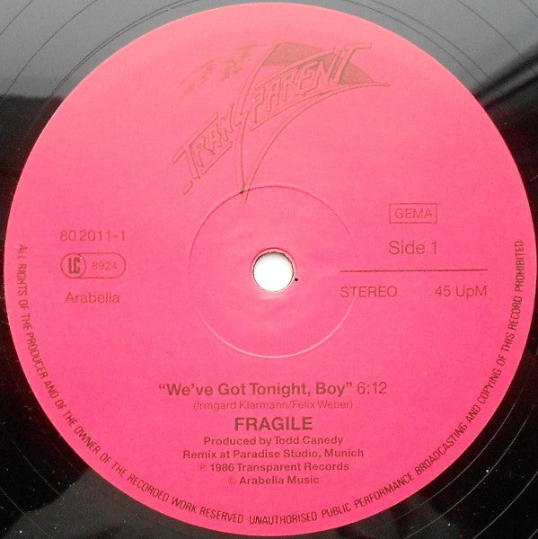 Image of Label Cover of 12" - VG+/EX - FRAGILE, We've Got Tonight, Boy (Transparent; 80 2011-1, Germany 1986), ,  - 3726112E
