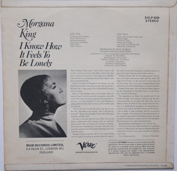 Image of Back Cover of LP - VG/VG - MORGANA KING, I Know How It Feels To Be Lonely (Verve Records; SVLP 9229, UK 1968, Laminated Flipback Sleeve), Strong VG,  - 3716164C
