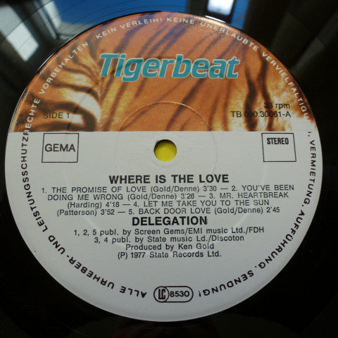 Image of Label Cover of LP - VG/VG+ - DELEGATION, Where Is The Love (Tigerbeat; TB 090.30061, Germany 1988 Reissue), ,  - 3726119E