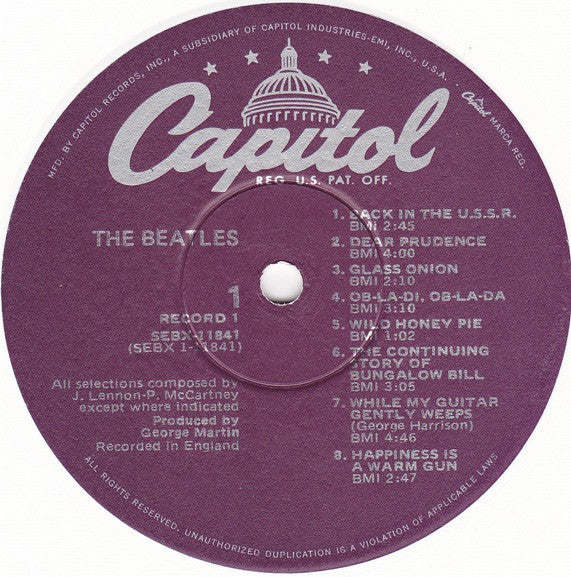 Image of Label Cover of 2xLP - VG/VG+ - THE BEATLES, The White Album (Capitol Purple; SEBX-11841, US 1978, Gatefold, No Poster & No Postcards, White Vinyl, Winchester Pressing), Ring Wear,  - 3726189E
