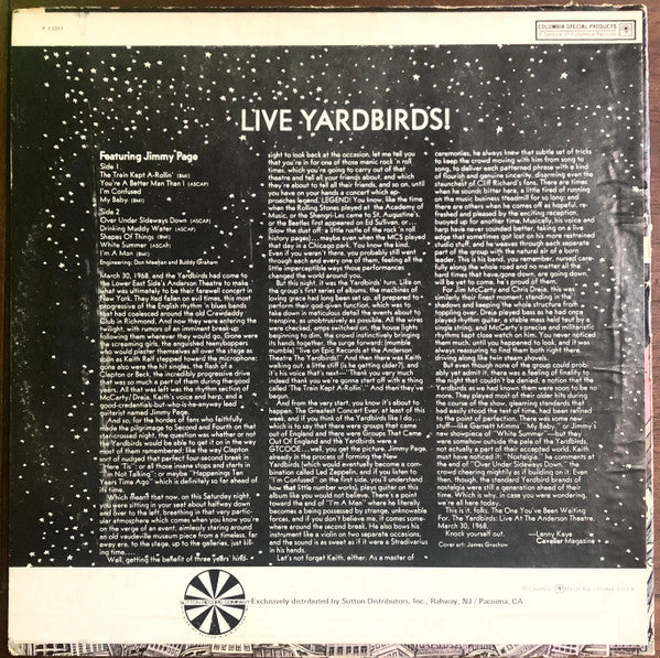 Image of Back Cover of LP - VG/VG+ - YARDBIRDS, Live Yardbirds Featuring Jimmy Page (Columbia Special Products; P 13311, US 1976 Reissue), Strong VG+, Light Ring Wear,  - 3726183E