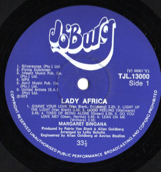 Image of Label Cover of LP - VG/VG - MARGARET SINGANA, Lady Africa (Jo'Burg; TJL 13000, South Africa 1973), ,  - 3726123E