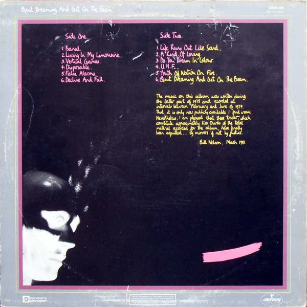 Image of Back Cover of LP - VG/VG - BILL NELSON, Quit Dreaming And Get On The Beam / Sounding The Ritual Echo (Atmospheres For Dreaming) (Mercury; 6359 055, UK 1981, Hype Stickered Sleeve, With Bonus LP), Worn sleeve drilled bottom left, strong VG vinyl.,  - 3716143C