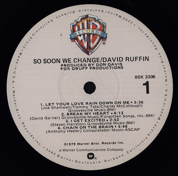 Image of Label Cover of LP - VG/EX - DAVID RUFFIN, So Soon We Change (Warner Bros. Records; BSK 3306, US 1979), ,  - 3726125E