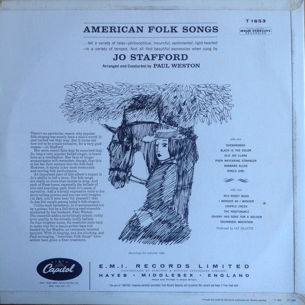 Image of Back Cover of LP - VG/VG - JO STAFFORD, Jo Stafford Sings American Folk Songs (Capitol Records ; T-1653, UK 1962, Laminated Flipback Sleeve, Mono), Factory Sample Sticker On Label, Split Spine,  - 3726174E