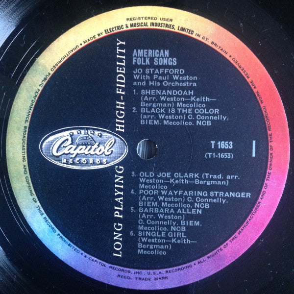 Image of Label Cover of LP - VG/VG - JO STAFFORD, Jo Stafford Sings American Folk Songs (Capitol Records ; T-1653, UK 1962, Laminated Flipback Sleeve, Mono), Factory Sample Sticker On Label, Split Spine,  - 3726174E