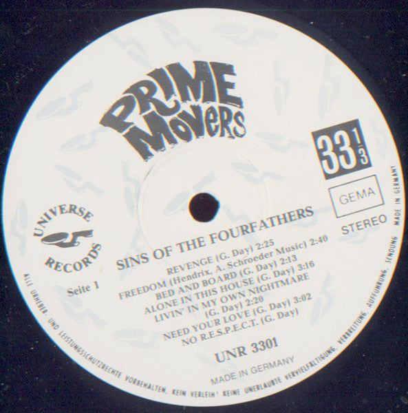 Image of Label Cover of LP - EX/VG+ - THE PRIME MOVERS, Sins Of The Fourfathers (Universe Records; UNR 3301, Germany 1989), Strong VG+,  - 3726172E