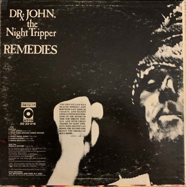 Image of Back Cover of LP - VG/VG+ - DR. JOHN, THE NIGHT TRIPPER, Remedies (ATCO Records; SD 33-316, US Reissue), Cut-out (Notched) Edge Wear,  - 3746248S