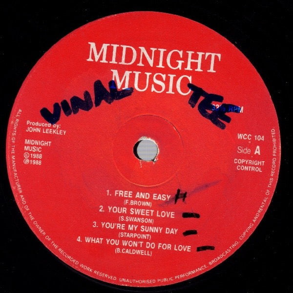 Image of Front Cover of LP - /VG - VARIOUS, Untitled (Midnight Music; WCC 104, UK 1988, Plain Sleeve, Unofficial), Light marks only, A1 F. Brown 	Free And EasyA2 S. Swanson  Your Sweet LoveA3 Starpoint  	You're My Sunny DayA4 B. Caldwell   What You Won't Do For LoveB1 B. Robinson   You're So Good To MeB2 B. Caldwell   Down For The Third TimeB3 P. Bryson   Touch Me - 3716204C