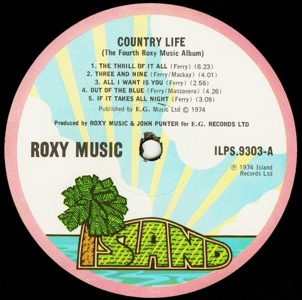 Image of Label Cover of LP - VG/G - ROXY MUSIC, Country Life (Island Pink Rim; ILPS 9303, UK 1974, Laminated Sleeve, NO Inner, First UK Press), Scratches mostly on side2, not feelable, seam split on spine,  - 3746222S