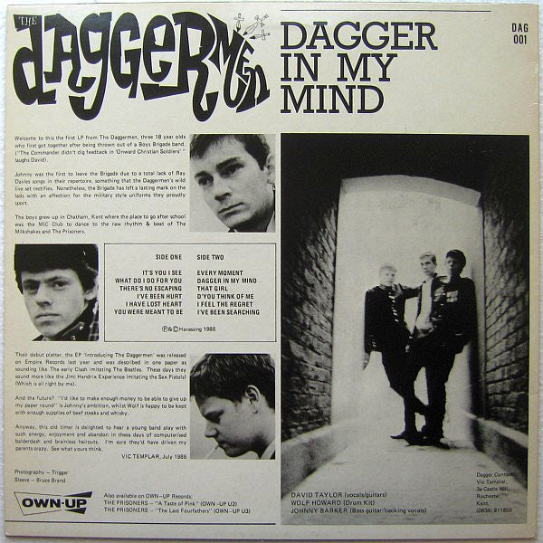Image of Back Cover of LP - VG+/VG - THE DAGGERMEN, Dagger In My Mind (Own-Up; DAG 001, UK 1986), ,  - 3726163E