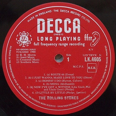 Image of Label Cover of LP - G/G - THE ROLLING STONES, The Rolling Stones (Decca Red Labels With NCB Box Right Aligned & No Biem Caption; LK 4605, UK 1964, Laminated Front Sleeve, Mono), Lots of hairlines and surface marks, Plays better than it looks with some surface noise, Sleeve taped along bottom edge and frayed at sleeve opening, Generally worn.,  - 4016396C