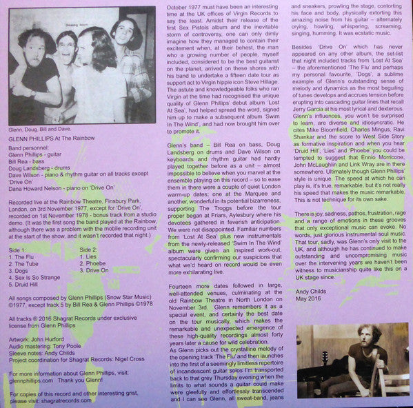 Image of Back Cover of LP - EX/VG+ - GLENN PHILLIPS, At The Rainbow (Shagrat Records ; ENT 021 12", UK 2016), Strong VG+,  - 3726157E