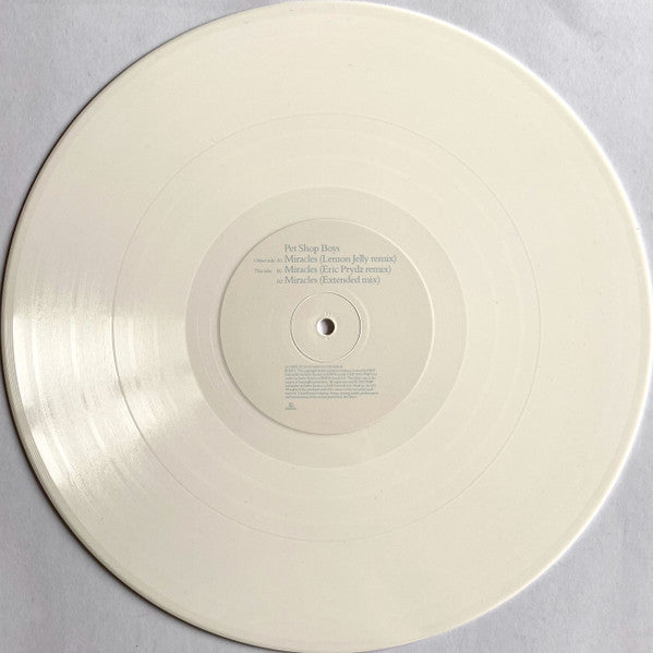 Image of Label Cover of 12" - VG+/VG+ - PET SHOP BOYS, Miracles (Parlophone; 12R 6620, UK 2003, Hype Stickered Die Cut Sleeve, Inner, White Vinyl), Minor age discolouring to hype sticker.,  - 3716234C