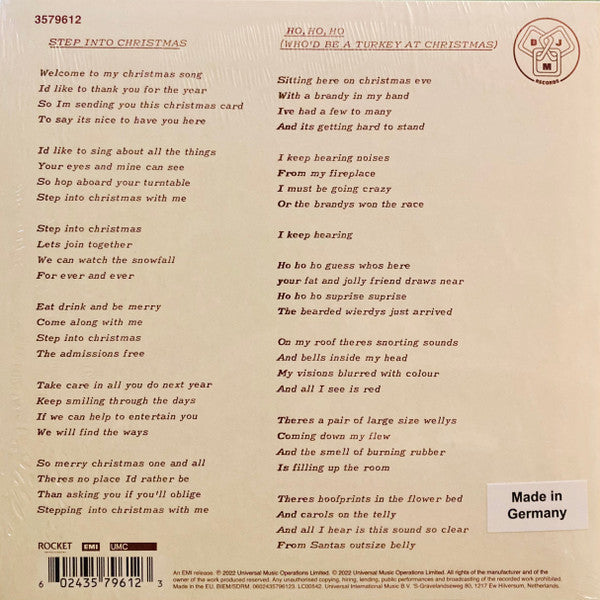 Image of Back Cover of 7" - VG+/VG+ - ELTON JOHN, Step Into Christmas / Ho, Ho, Ho, (Who'd Be A Turkey At Christmas) (Rocket Entertainment; 3579612, UK 2022 Reissue, Plain Sleeve, Green Transparent Limited Edition), ,  - 3756011S