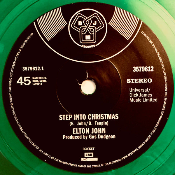 Image of Label Cover of 7" - VG+/VG+ - ELTON JOHN, Step Into Christmas / Ho, Ho, Ho, (Who'd Be A Turkey At Christmas) (Rocket Entertainment; 3579612, UK 2022 Reissue, Plain Sleeve, Green Transparent Limited Edition), ,  - 3756011S