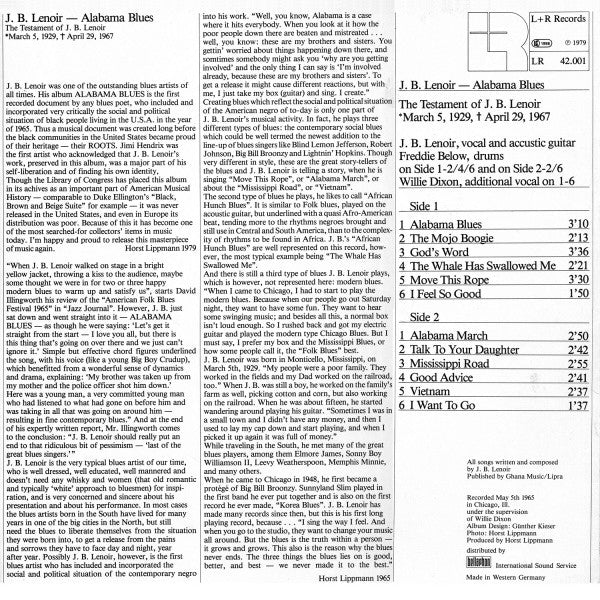 Image of Back Cover of LP - VG/VG - J.B. LENOIR, Alabama Blues (L+R Records; LR 42.001, Germany 1979 Reissue), Sleeve slightly discoloured, worn at edges, with ripped sticker on reverse,  - 3716231C