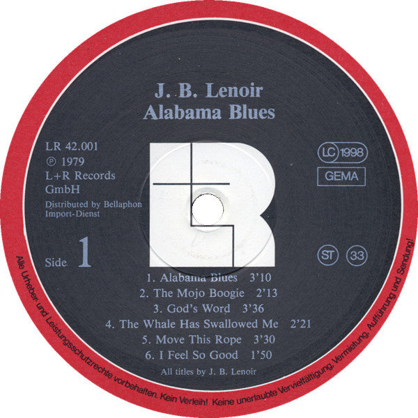 Image of Label Cover of LP - VG/VG - J.B. LENOIR, Alabama Blues (L+R Records; LR 42.001, Germany 1979 Reissue), Sleeve slightly discoloured, worn at edges, with ripped sticker on reverse,  - 3716231C