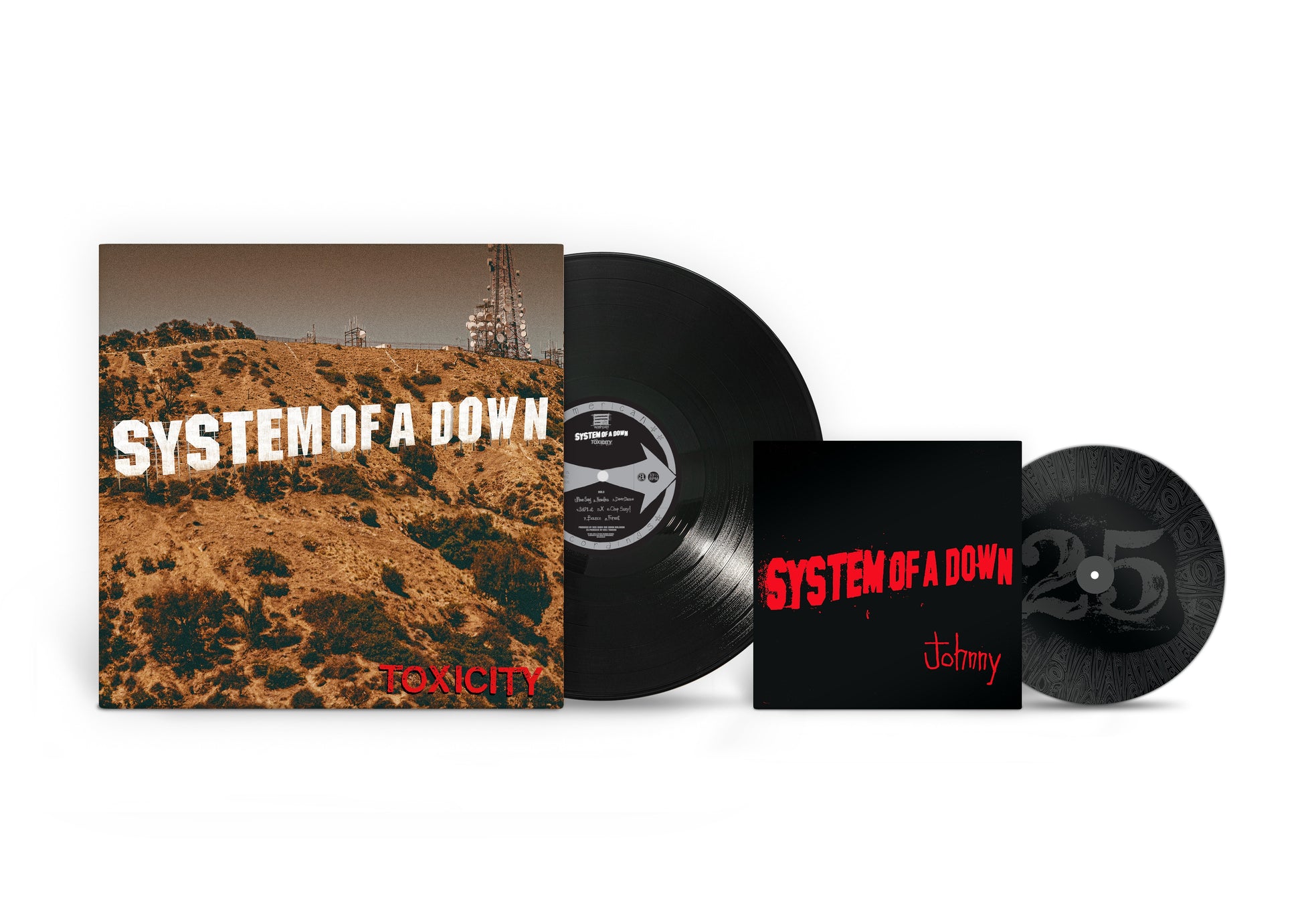 Image of Back Cover of LP - NEW/NEW - SYSTEM OF A DOWN, Toxicity (25th Anniversary) (Sony; 19958472191, UK 2026 Reissue, Standard Black Vinyl with 7"), , Celebrating 25 years of Toxicity with an exclusive anniversary edition standard black vinyl. This release includes the original album plus a 7-inch single of the track "Johnny," previously only available as a bonus track on rare editions from 2001. The B-side of the 7-inch features a custom etched design. Also included in the LP packaging is a custom doubl