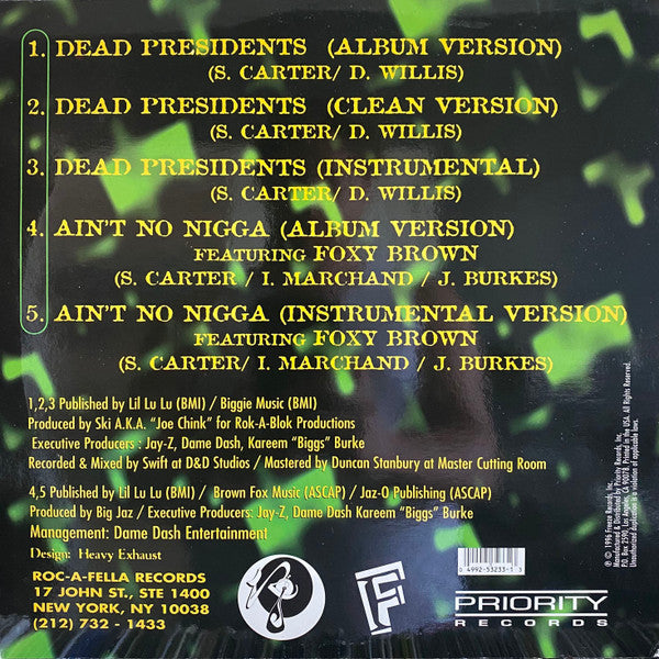 Image of Back Cover of 12" - G+/G+ - JAY-Z, Dead Presidents (Roc-A-Fella Records; PVL 53233, US 1996, Picture Sleeve), Light marks. Wear to sleeve with ringwear.,  - 3826250E