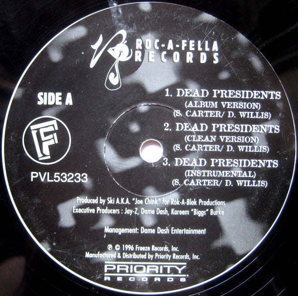 Image of Label Cover of 12" - G+/G+ - JAY-Z, Dead Presidents (Roc-A-Fella Records; PVL 53233, US 1996, Picture Sleeve), Light marks. Wear to sleeve with ringwear.,  - 3826250E