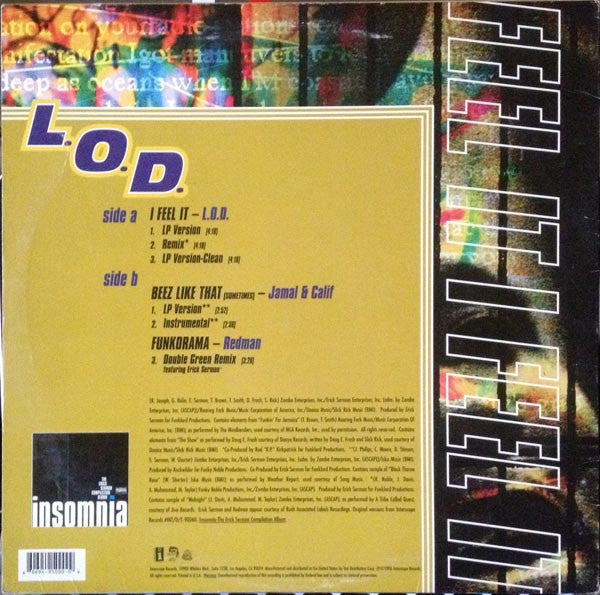 Image of Back Cover of 12" - G+/G+ - L.O.D. / JAMAL & CALIF / REDMAN, I Feel It / Beez Like That (Sometimes) / Funkorama (Remix) (Interscope Records; INT12-95000, US 1996, Picture Sleeve), A-side label pressed off centre. Pressing flaw on track A1. Sleeve has bent, bumped, worn, creased corners,  - 3716246C