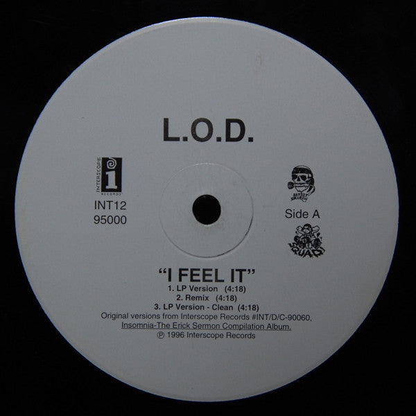 Image of Label Cover of 12" - G+/G+ - L.O.D. / JAMAL & CALIF / REDMAN, I Feel It / Beez Like That (Sometimes) / Funkorama (Remix) (Interscope Records; INT12-95000, US 1996, Picture Sleeve), A-side label pressed off centre. Pressing flaw on track A1. Sleeve has bent, bumped, worn, creased corners,  - 3716246C