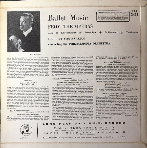 Image of Back Cover of LP - VG+/VG - HERBERT VON  KARAJAN, PHILHARMONIA ORCHESTRA, Ballet Music From The Operas (Columbia Light Blue and Silver Inteference Pattern Label; SAX 2421, UK 1961, Laminated Flipback Sleeve), Some Surface Noise Throughout,  - 3726281E