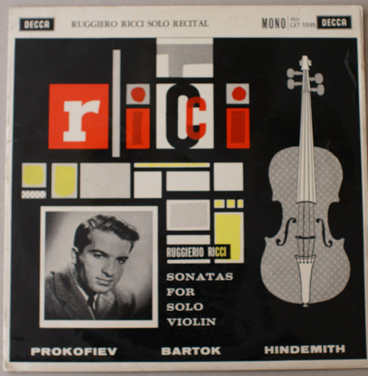 Image of Front Cover of LP - G+/VG+ - RUGGIERO RICCI, Ruggiero Ricci Solo Recital (Prokofiev, Bartok, Hindemith: Sonatas For Solo Violin) (Decca; LXT 5595, UK 1960, Laminated Scalloped Flipback Sleeve), This Copy Was From Tottenham Library and Has Large Library Sticker on Front Sleeves, Stamps on Sleeve and Label, And Tape Reinforced Edges,  - 3726282E