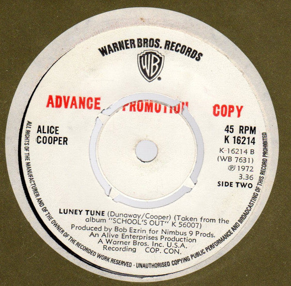 Image of Back Cover of 7" - G+/VG - ALICE COOPER, Elected / Luney Tune (Warner Bros. Records; K 16214, UK 1972, Promo, Company Sleeve, Signed, 4 Prong Centre), B side centre label signed by Dennis Dunnaway, Neal Smith & Michael Bruce. Sticker damage and stamp on A side label. Hairlines and scuffs. Company inner intact but with pen marks and tears to die cut and creasing.,  - 3756160S