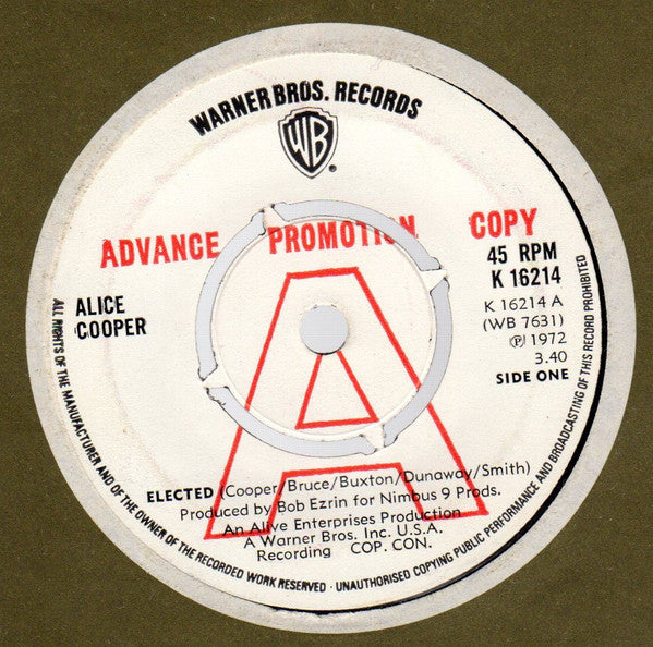 Image of Front Cover of 7" - G+/VG - ALICE COOPER, Elected / Luney Tune (Warner Bros. Records; K 16214, UK 1972, Promo, Company Sleeve, Signed, 4 Prong Centre), B side centre label signed by Dennis Dunnaway, Neal Smith & Michael Bruce. Sticker damage and stamp on A side label. Hairlines and scuffs. Company inner intact but with pen marks and tears to die cut and creasing.,  - 3756160S